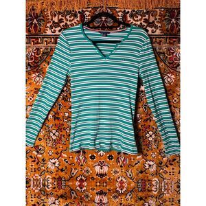 Tommy Hilfiger Green & White Striped Ribbed V-Neck Long Sleeve Top Size L